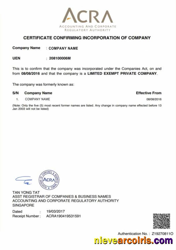Singapore Certificate of Incorporation